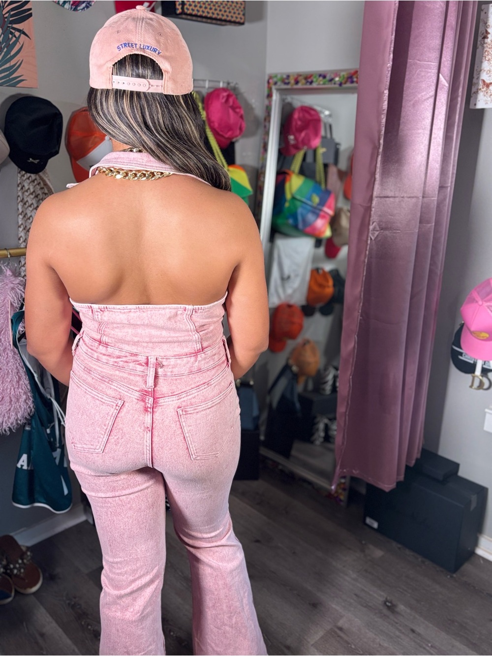 Fashion Nova Pink Sleeveless Denim Jumpsuit with Flare Jeans - Picture 4 of 5